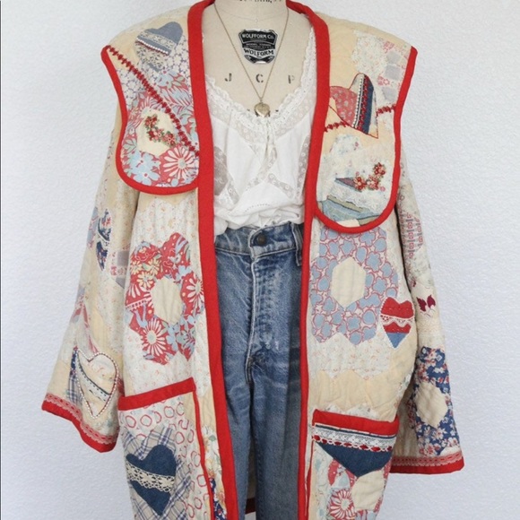 1960s Handmade Quilt Coat with Pockets L - Picture 2 of 4